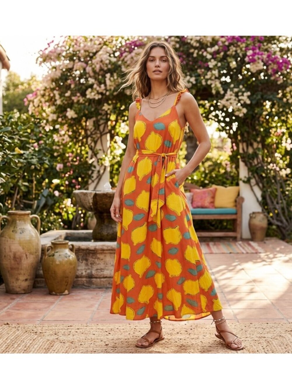 Lemon Print Spaghetti Strap Maxi Dress With Waist Tie - Vibrant Orange & Yellow